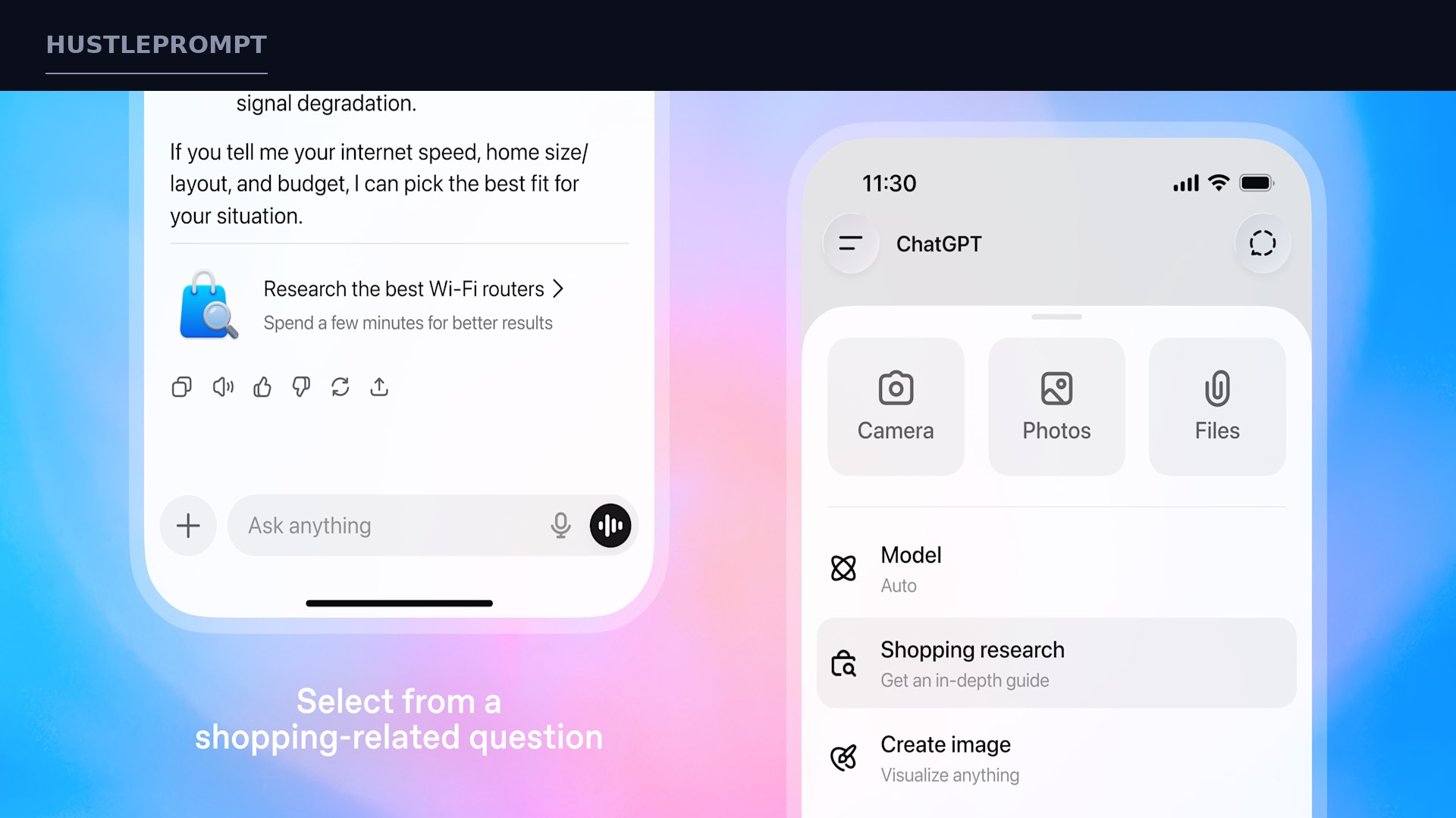Official OpenAI screenshot showing Shopping Research in ChatGPT: a suggested research card and the tools menu