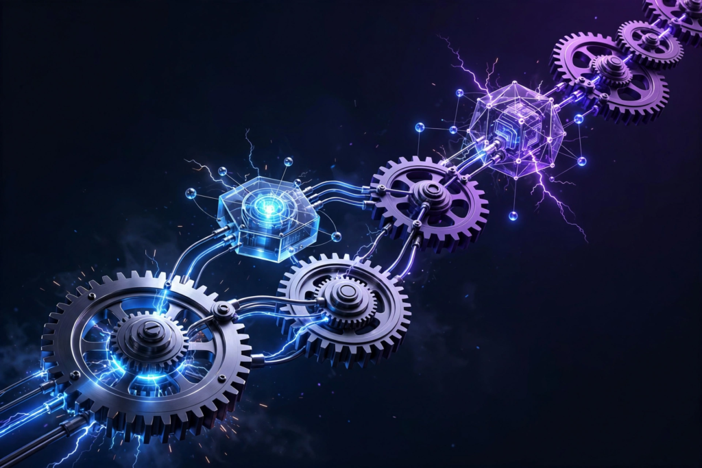 Cover illustration for the article The Beginner's Guide to AI Automation With Zapier, showing automated workflow connections