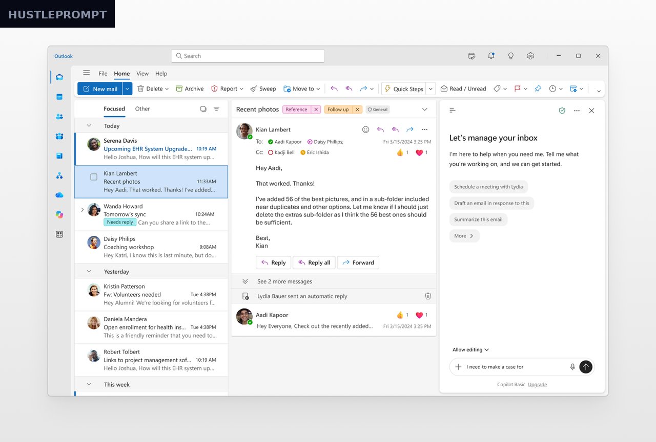 Official Microsoft visual of the simplified Copilot experience in Outlook, admin message MC1458470