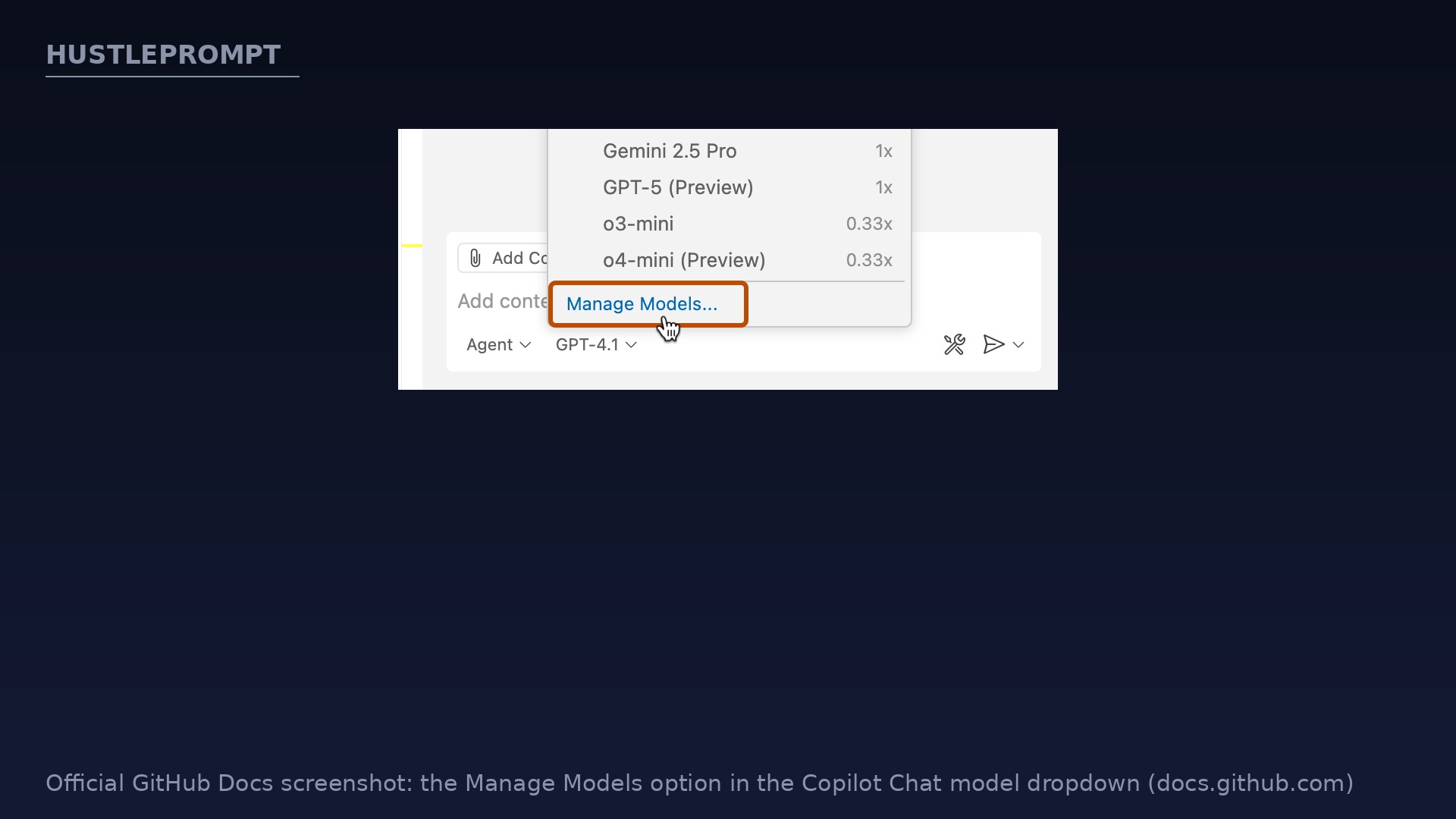 Official GitHub Docs screenshot of the Manage Models option in the Copilot Chat model dropdown