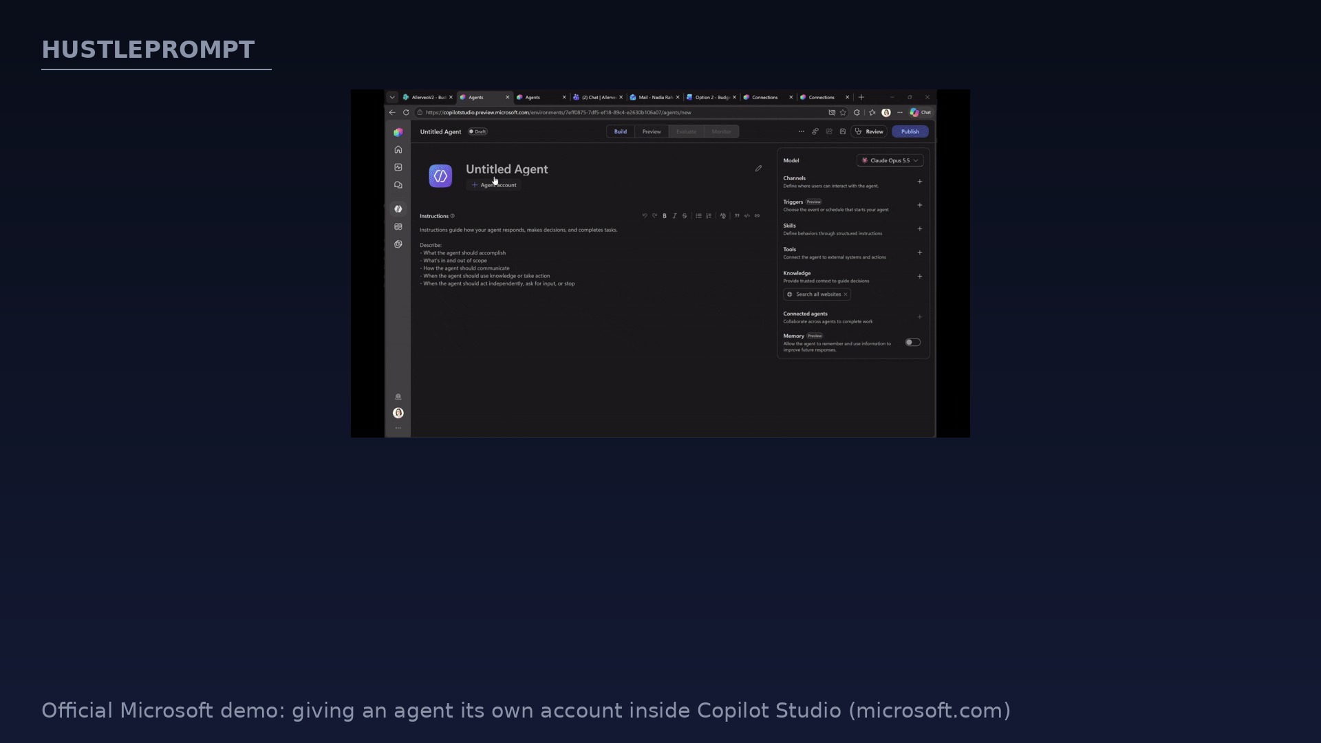 Official Microsoft demo showing giving an agent its own account in Copilot Studio