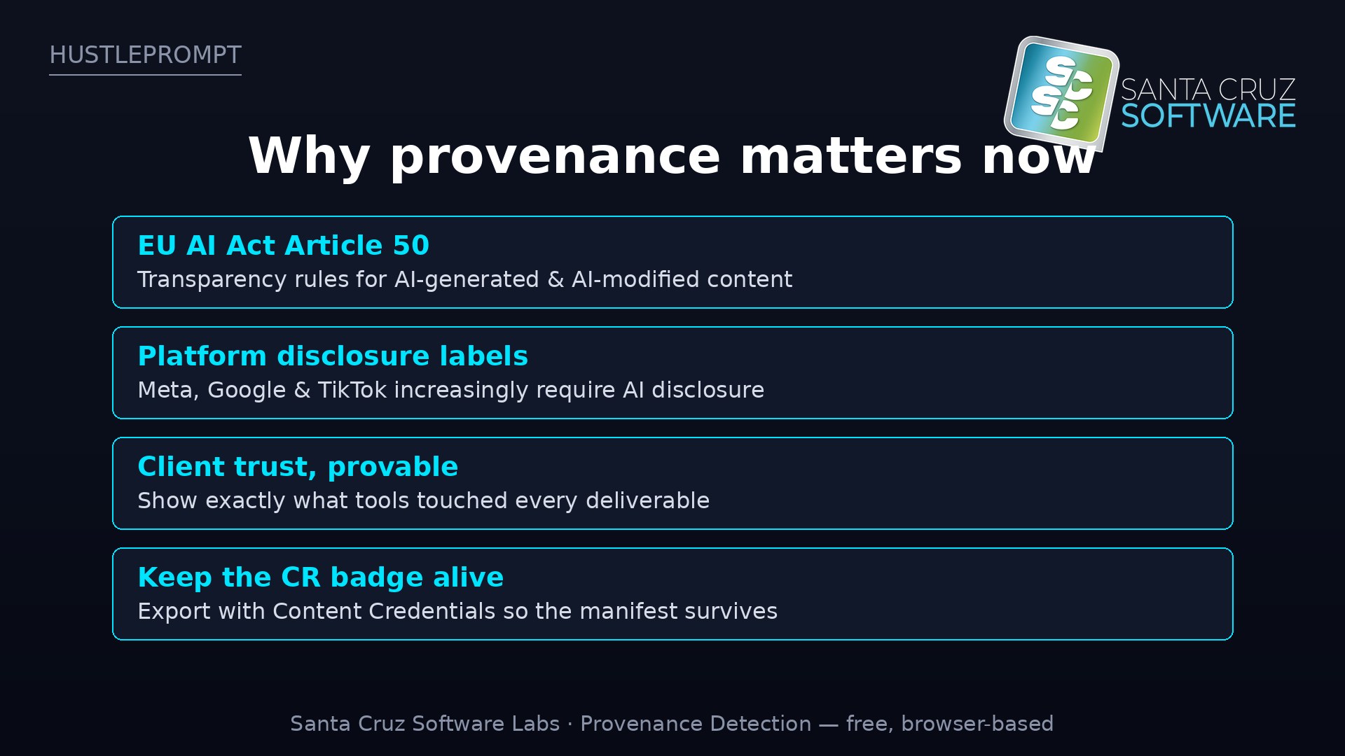 Why provenance matters now: EU AI Act Article 50, platform disclosure labels, provable client trust