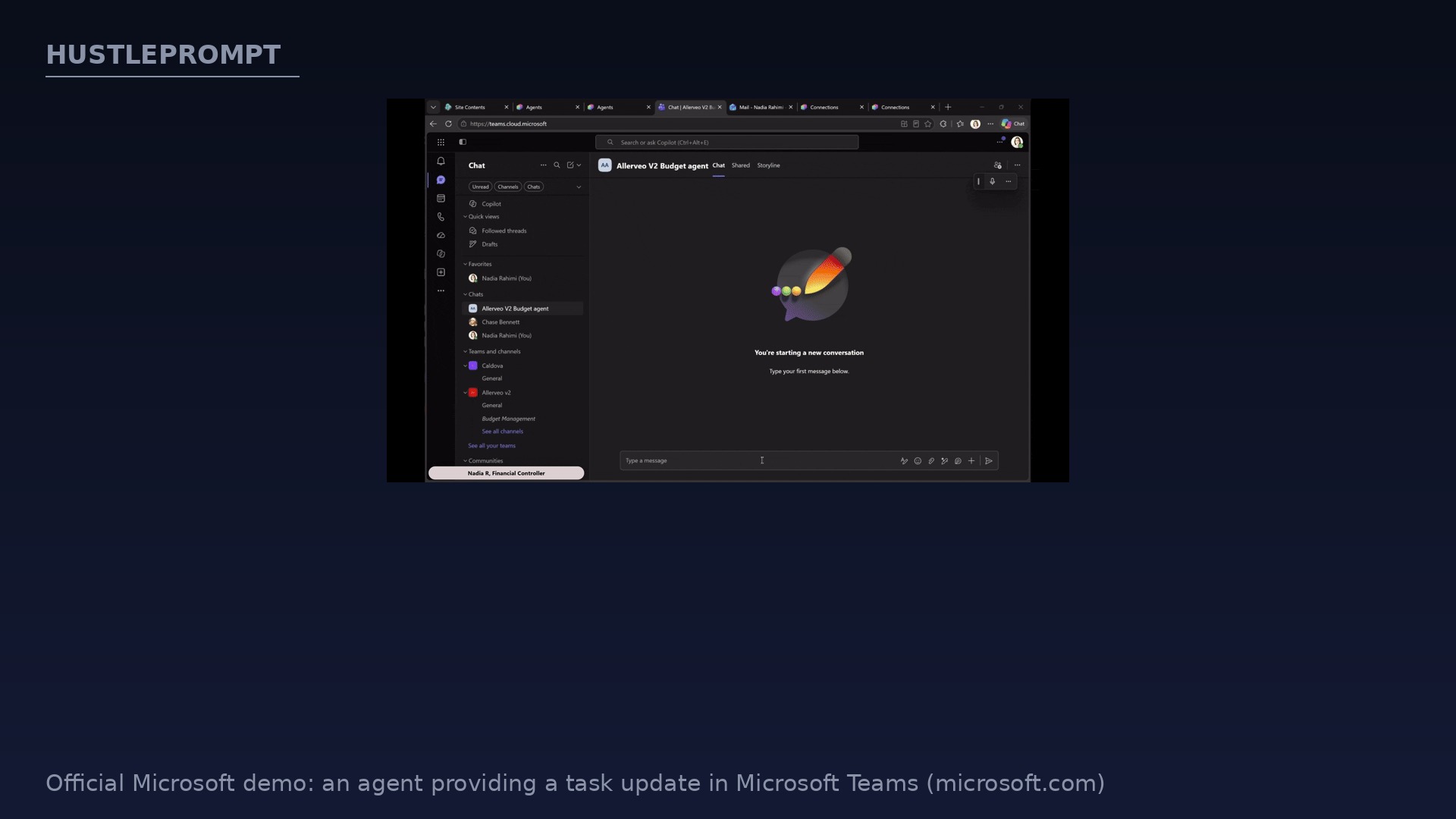 Official Microsoft demo showing an agent providing a task update in Microsoft Teams