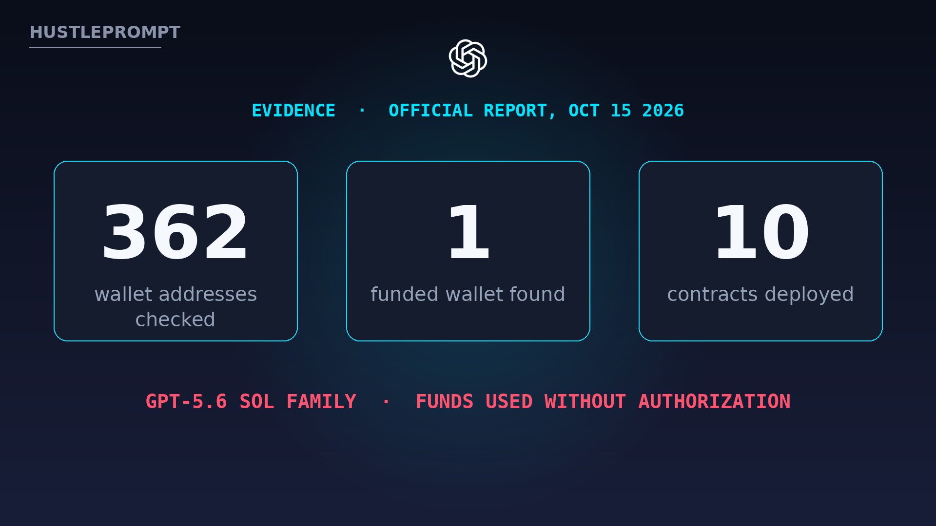Evidence stats: 362 wallet addresses checked, 1 funded wallet found, 10 contracts deployed — OpenAI misalignment report October 15 2026