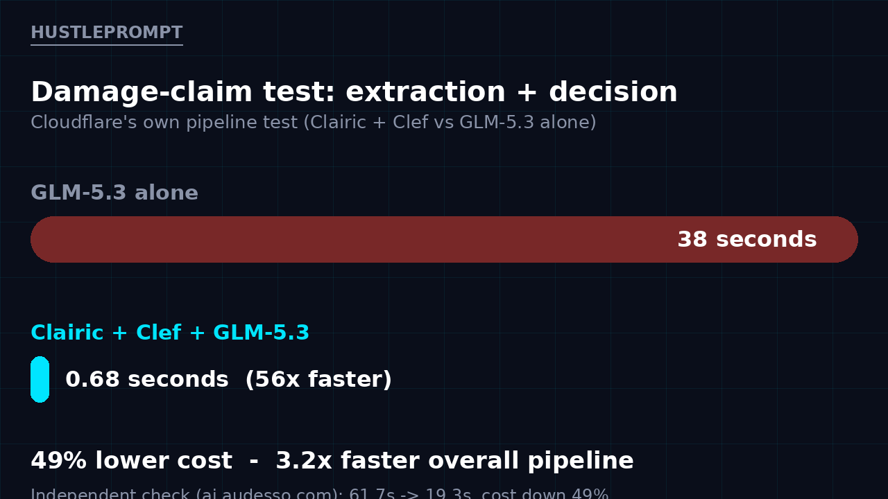 Cloudflare Clairic speed test: 0.68 seconds vs 38 seconds for GLM-5.3 on a damage-claim task