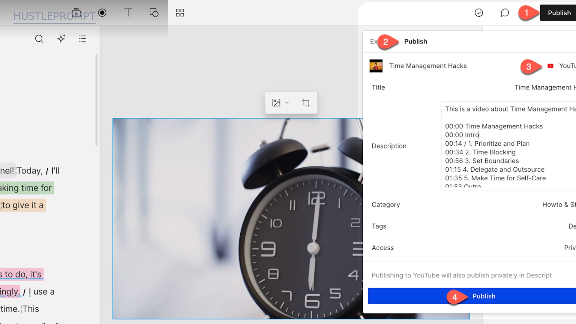 Descript publish panel exporting to YouTube