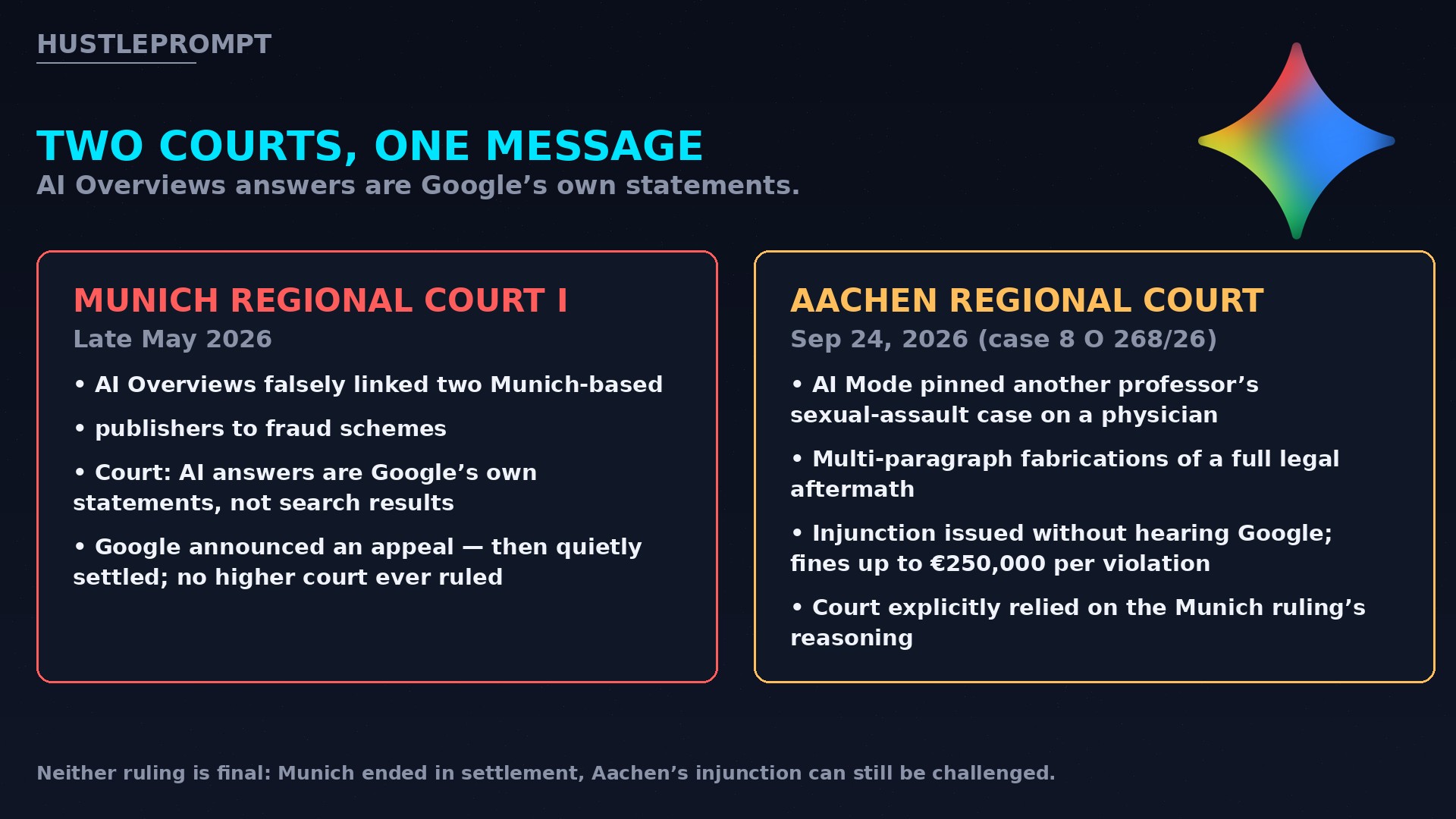 Side-by-side comparison of the Munich and Aachen rulings against Google over AI-generated false claims
