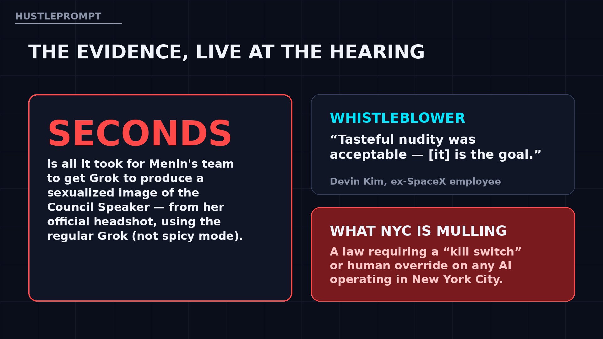 Key evidence from the hearing: seconds to generate the image, whistleblower testimony, and the proposed kill switch law