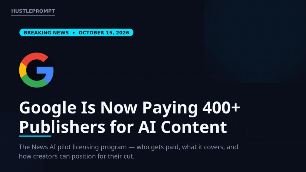 Breaking news graphic: Google News AI pilot licensing program pays 400+ publishers for AI content, October 15, 2026