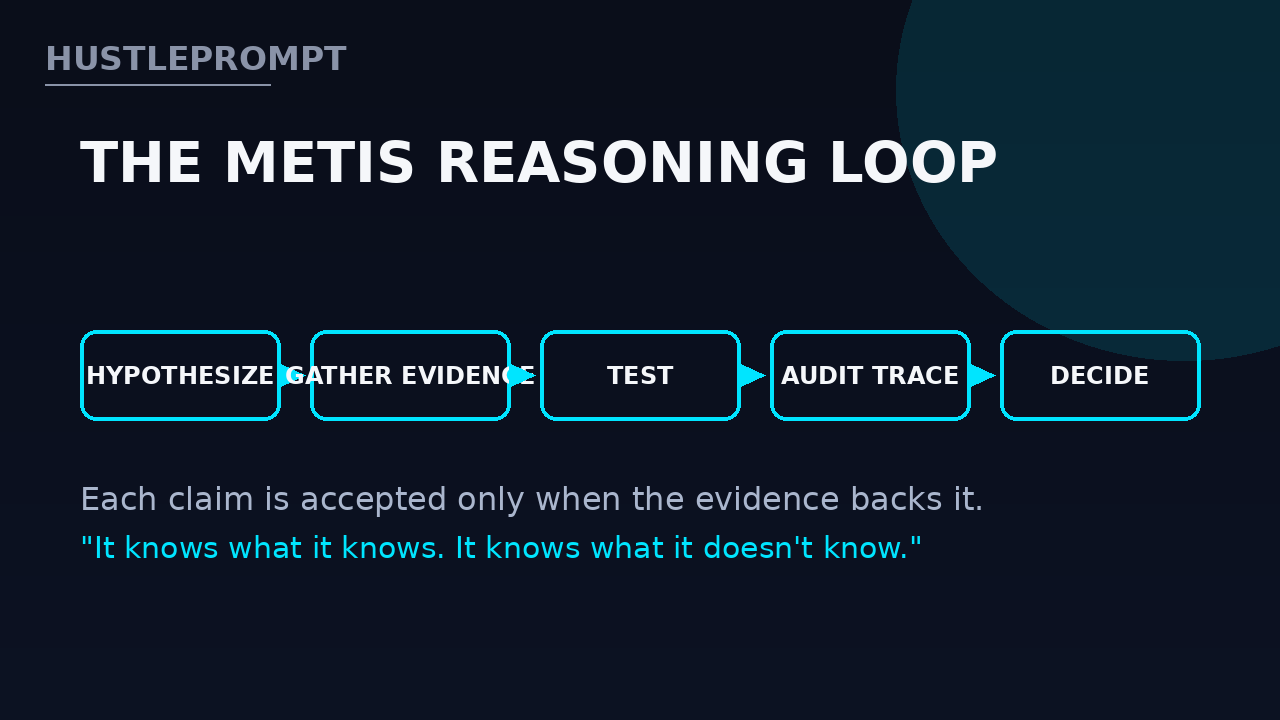 The Metis reasoning loop: hypothesize, gather evidence, test, audit trace, decide