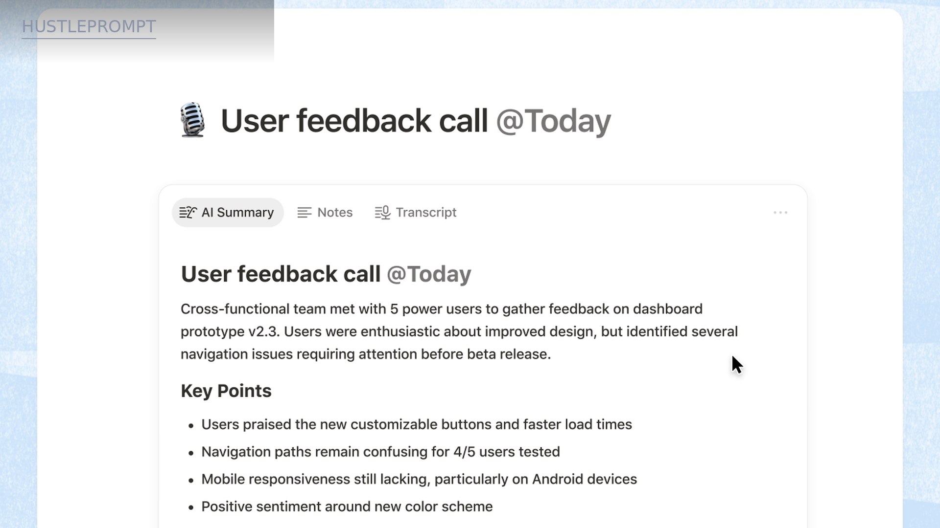 Notion AI Meeting Notes summary with key points and action items