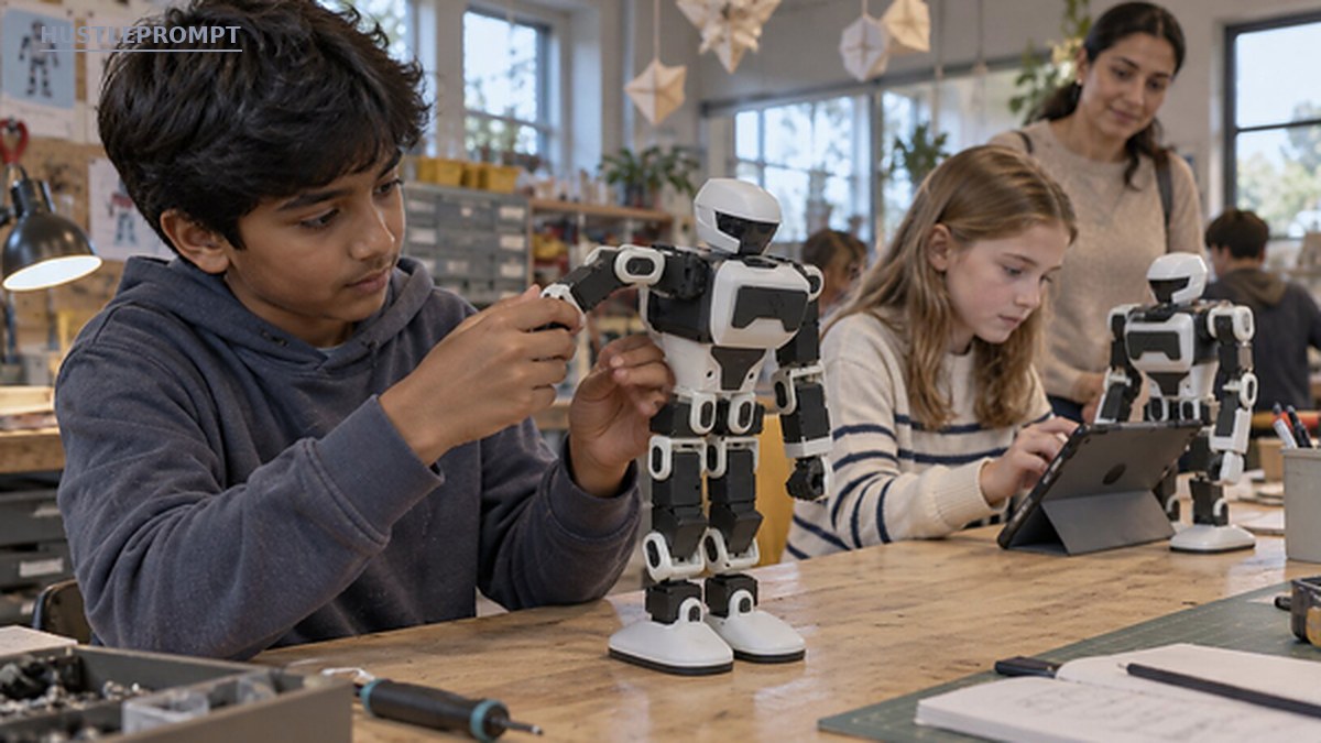 Children learning with FF Nova Mini humanoid robots in a classroom