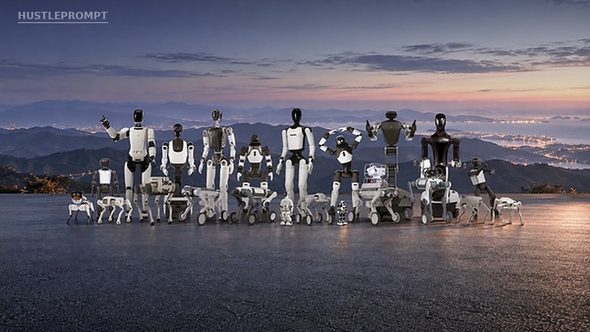 FF Robot World 2.0 humanoid robot lineup at sunset