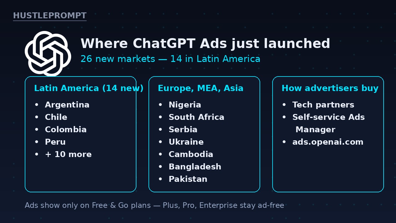 Where ChatGPT Ads just launched: 26 new markets across Latin America, Europe, MEA and Asia