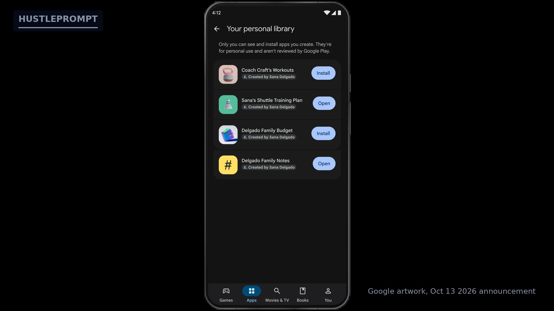Google's official screenshot of the new Your personal library area in the Play Store, showing privately built apps