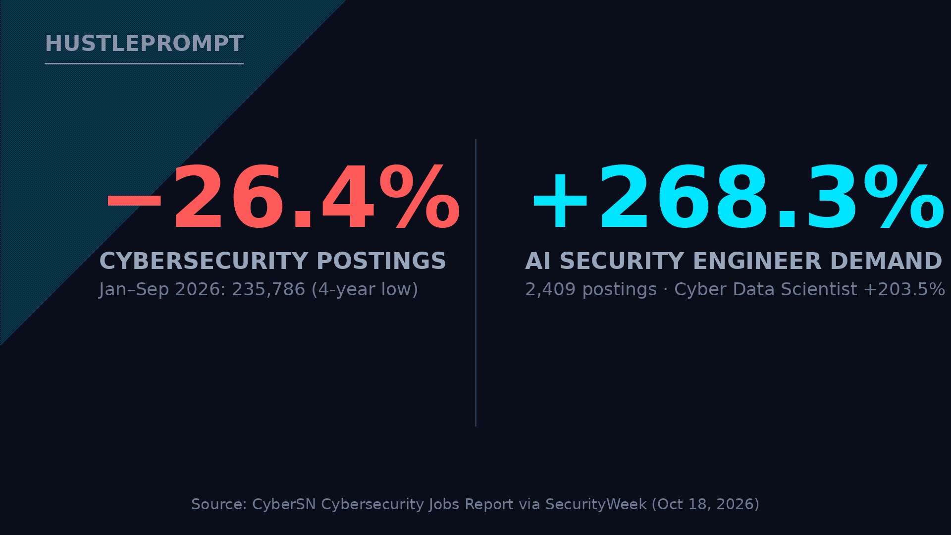 Evidence card: US cybersecurity postings down 26.4 percent to a 4-year low while AI security engineer demand surged 268.3 percent