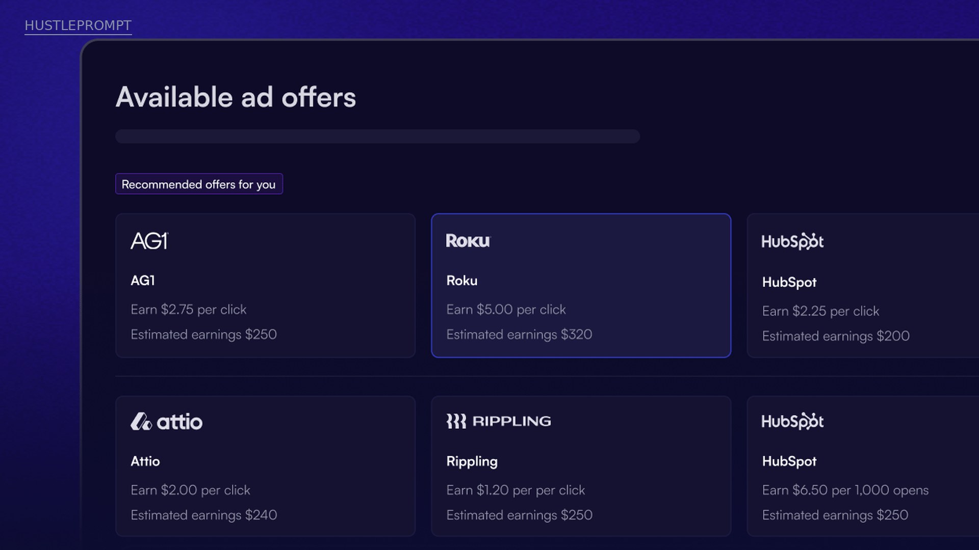 beehiiv Ad Network dashboard showing available ad offers with per-click earnings