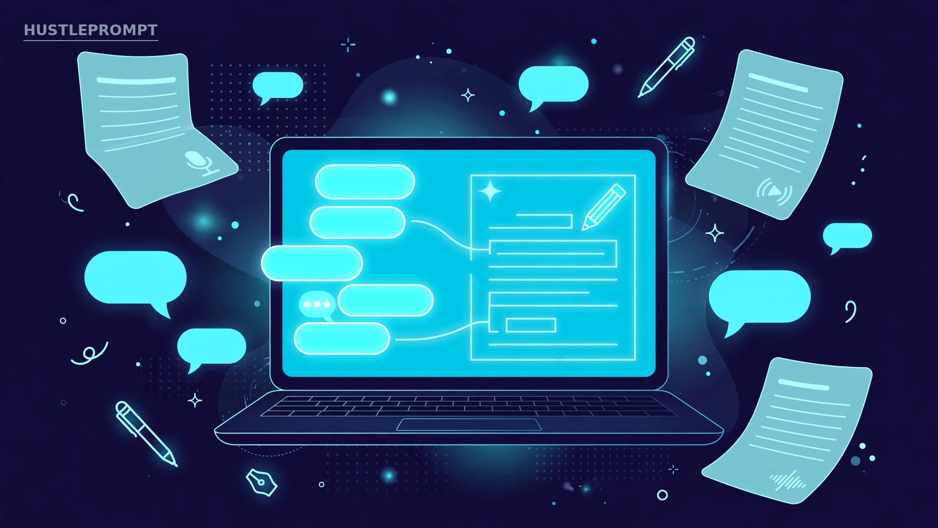 AI-generated illustration of a laptop using a chat interface to write a podcast script, with script pages and speech bubbles around it
