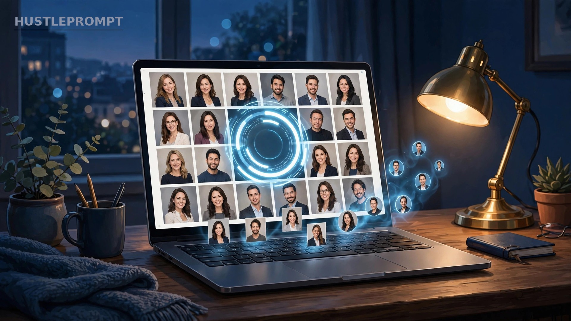 AI-generated illustration of an AI headshot generation workspace, with a grid of professional portrait variations on a screen and curation checkmarks