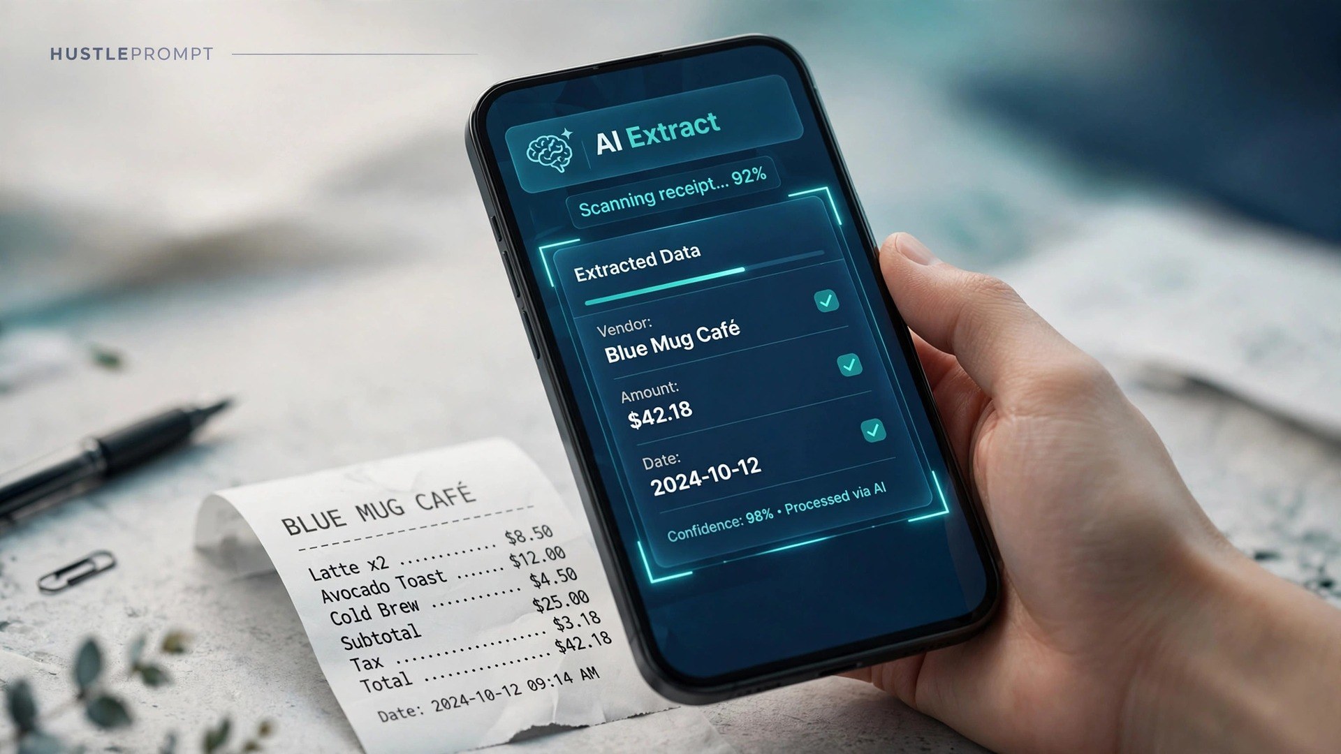 Smartphone scanning a paper receipt with AI data extraction on screen