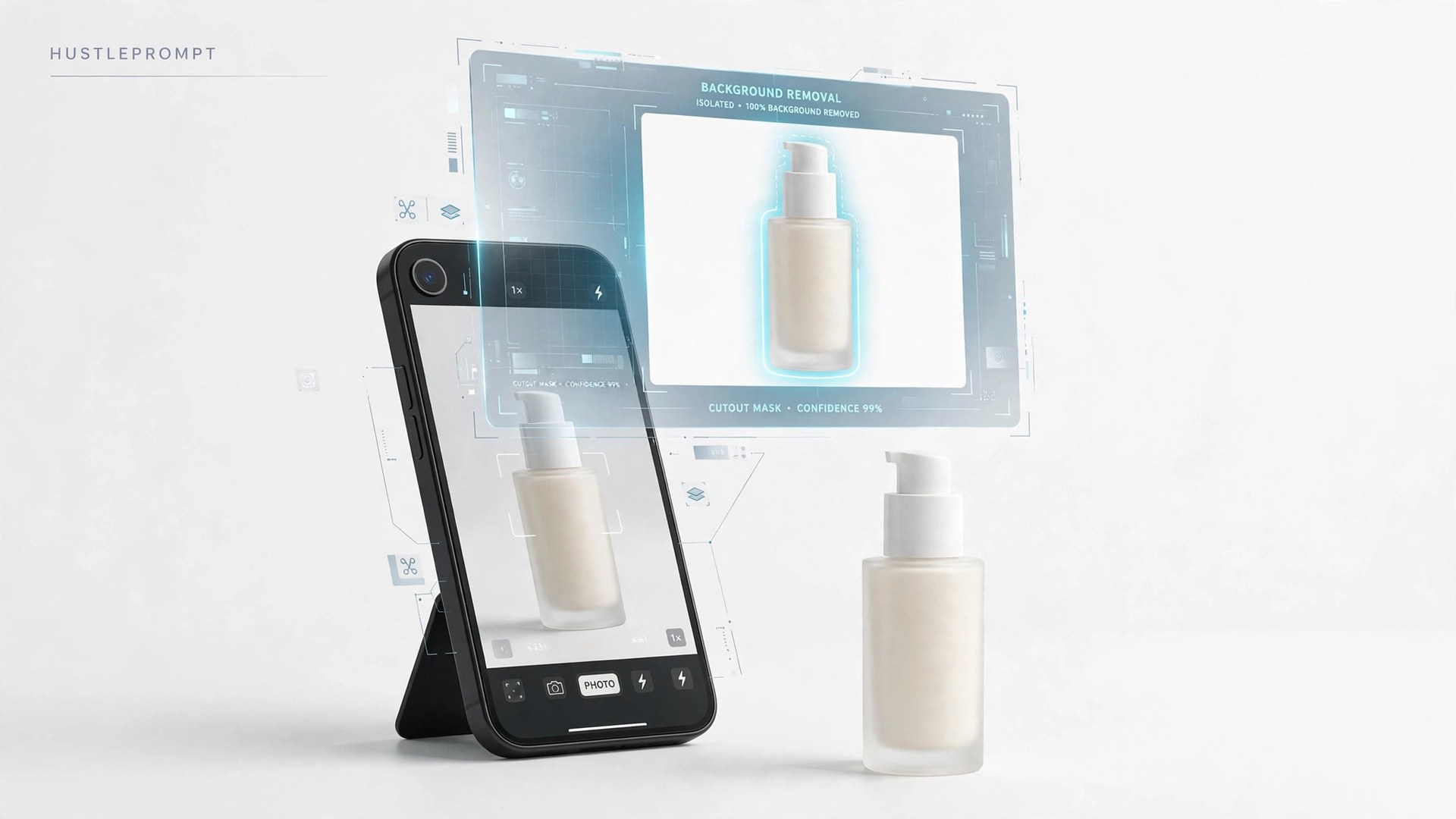 Smartphone photographing a cosmetic bottle with AI background-removal layer showing the isolated product on white