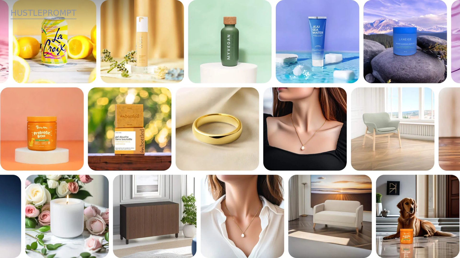 A collage of AI product photos generated by Pebblely showing studio backgrounds and scenes