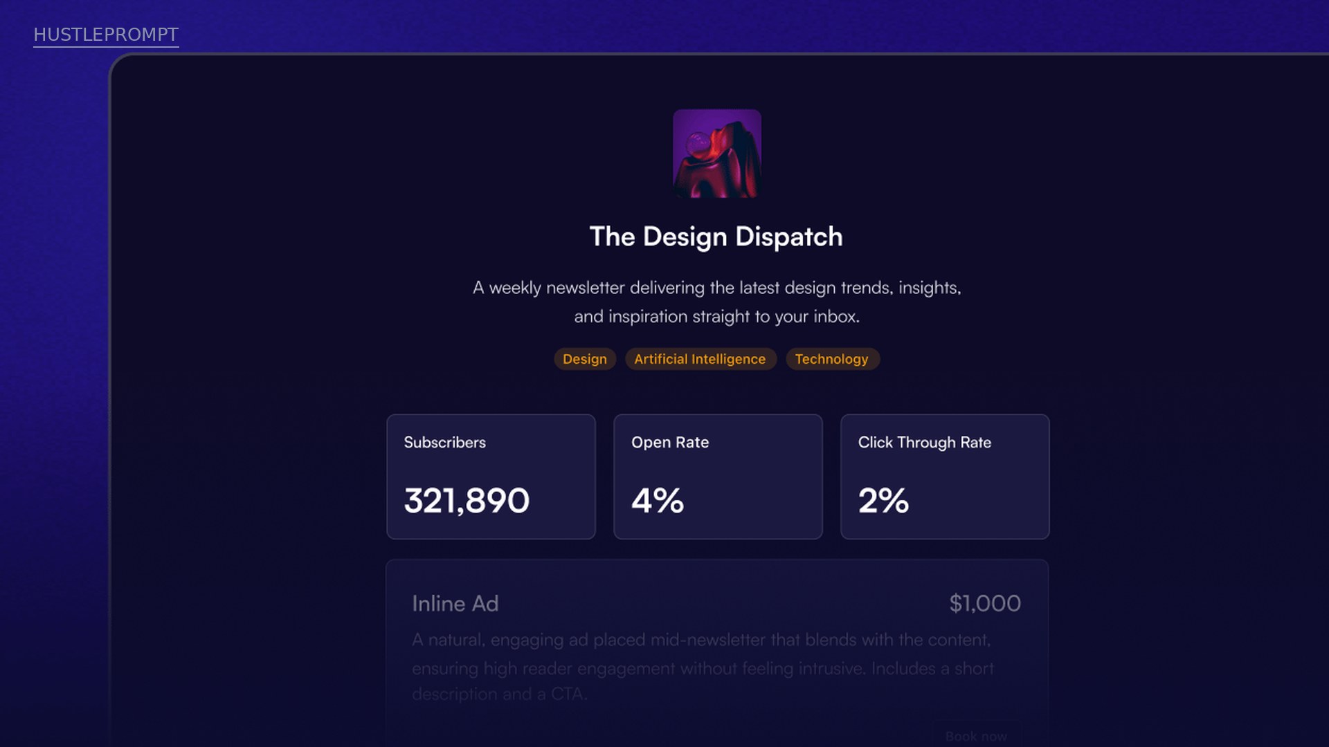 beehiiv sponsorship storefront example showing subscriber metrics and ad pricing