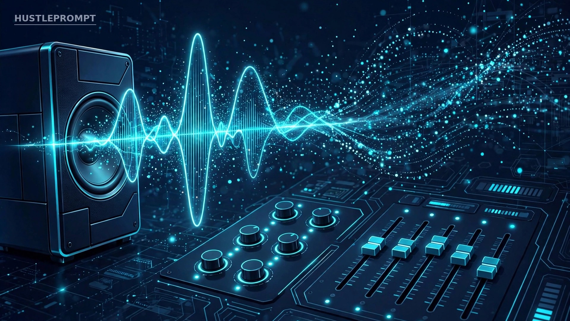 AI-generated illustration of AI voice synthesis, with a glowing audio waveform flowing from a speaker and an editing control panel