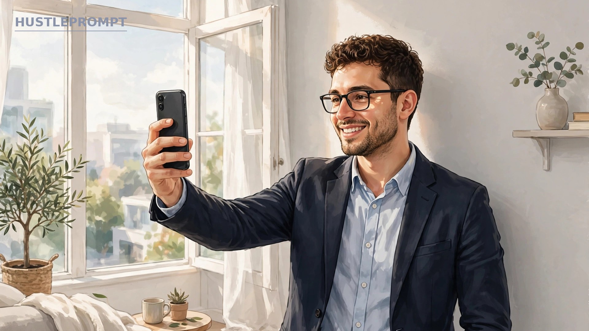 AI-generated illustration of a person taking a well-lit selfie near a bright window with their phone at eye level, with photography tip icons around them