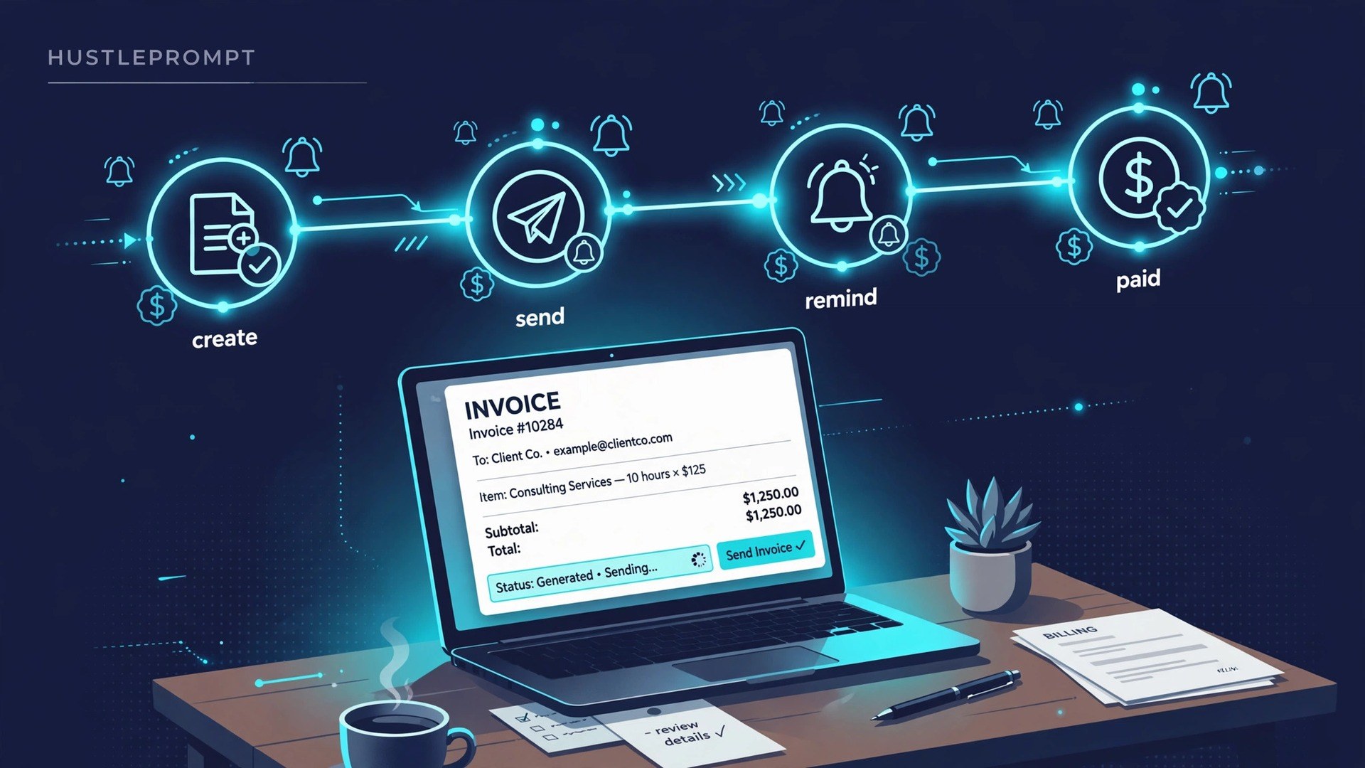 Automated invoicing workflow showing invoice creation, sending, reminders, and payment
