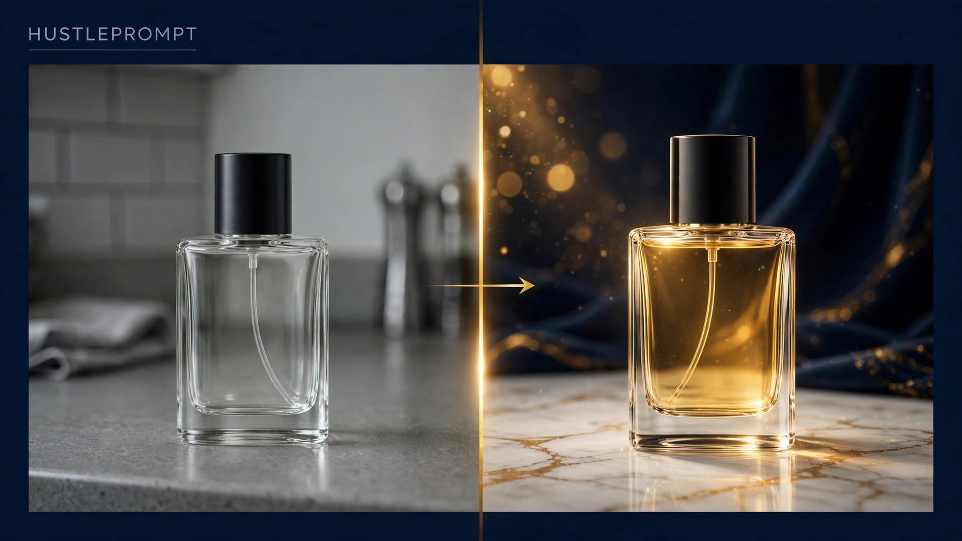 Split-screen before-and-after: dull product photo transformed into a polished luxury studio shot