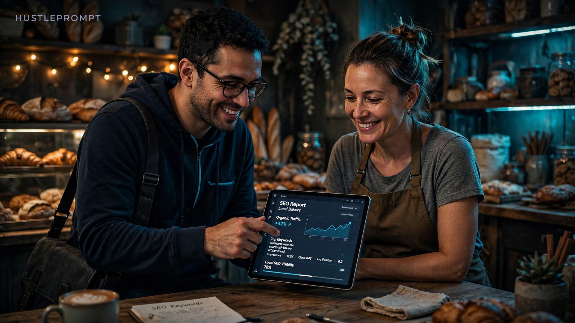 Freelancer presenting an SEO report to a local business owner, with HustlePrompt branding