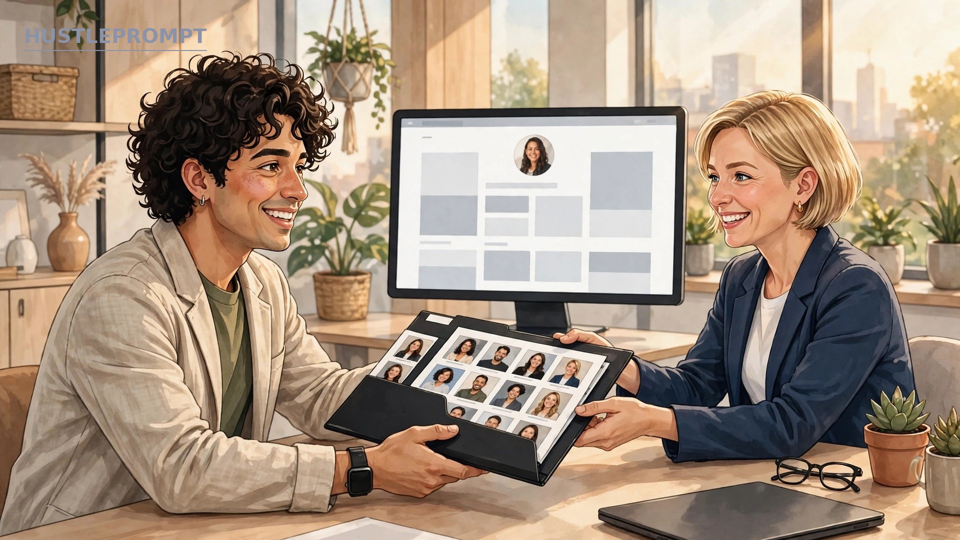 AI-generated illustration of a freelancer delivering a polished digital headshot package to a happy client, with download folders and portrait thumbnails