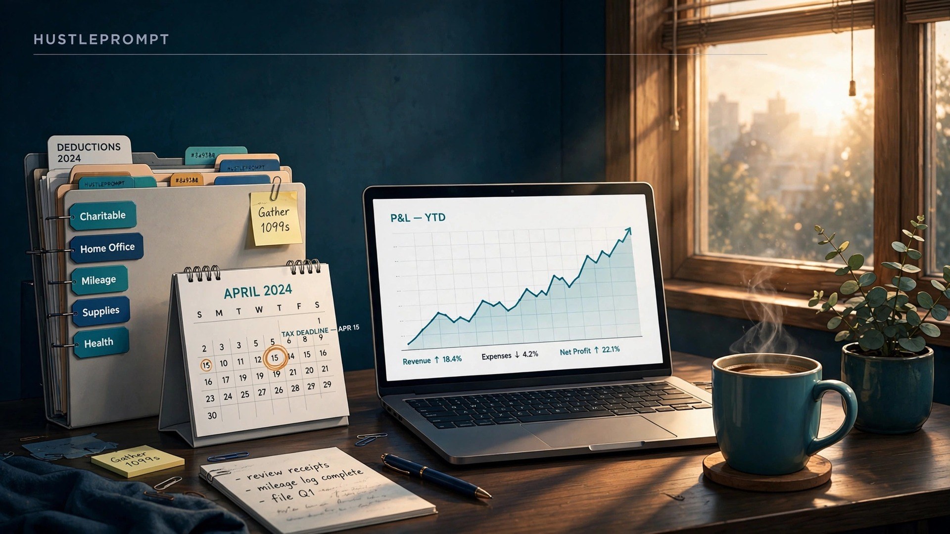 Calm tax-season workspace with organized folders, calendar deadline, and profit-and-loss chart