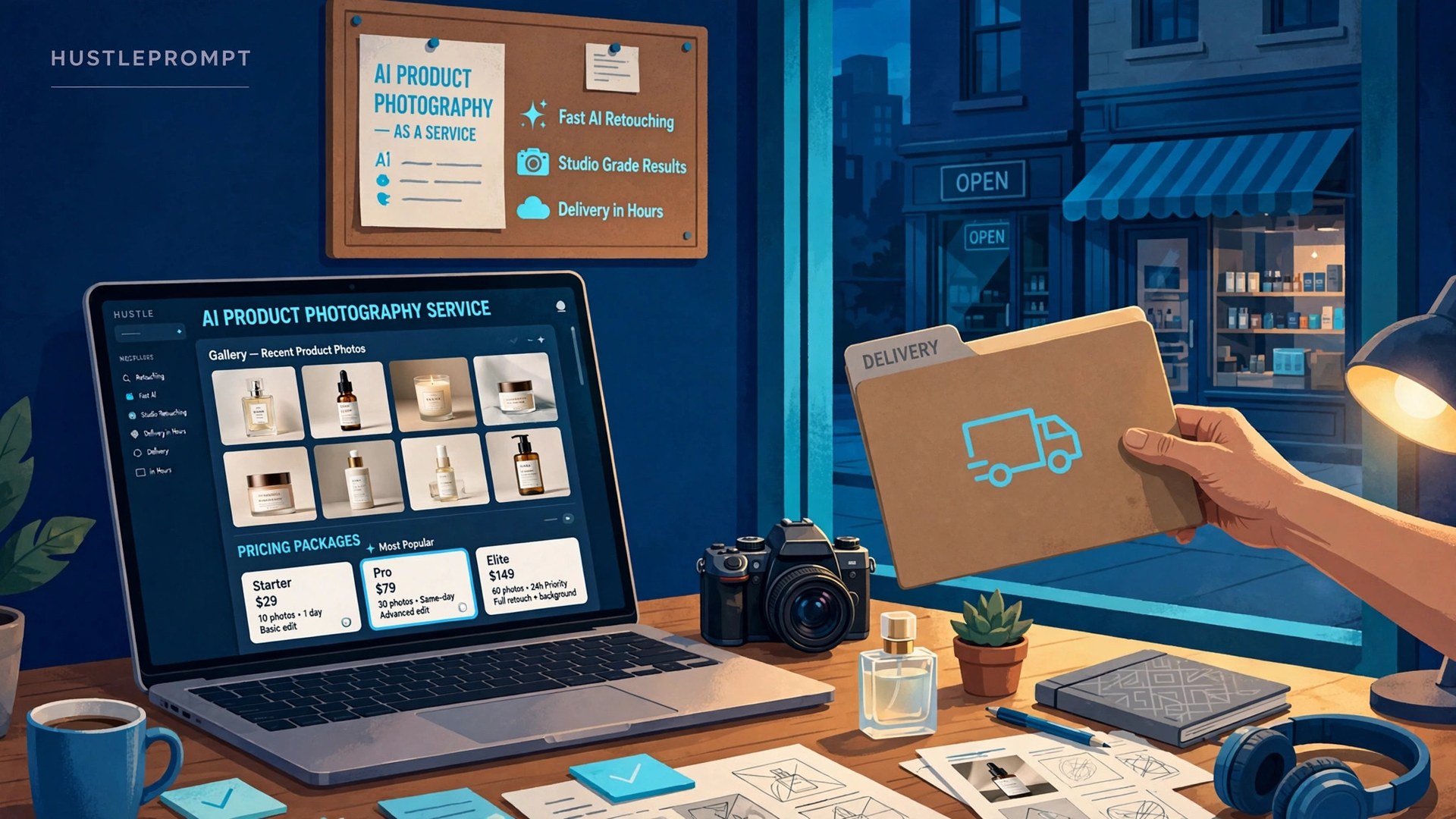 Freelancer desk with laptop showing product photo gallery and pricing dashboard, delivering a photo package to a store