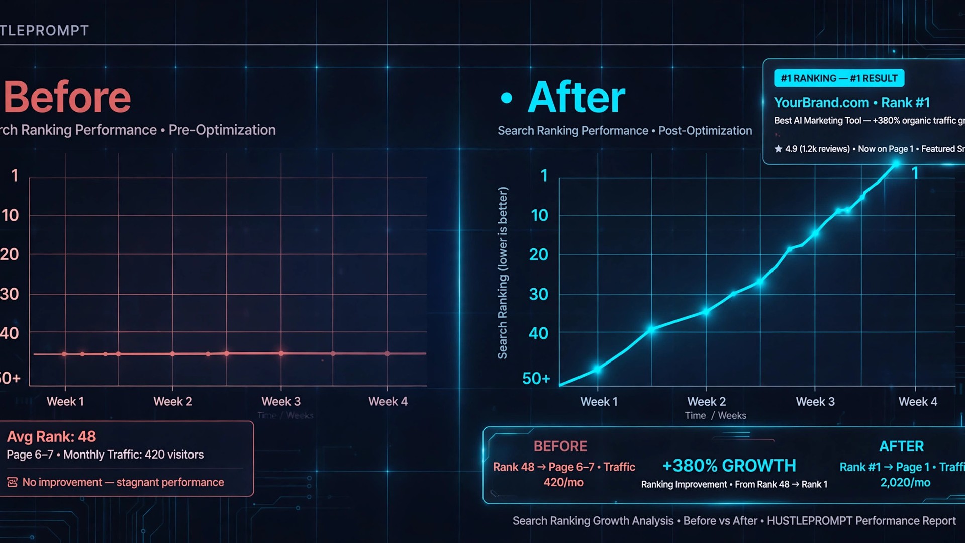 Before and after search ranking growth chart with HustlePrompt branding