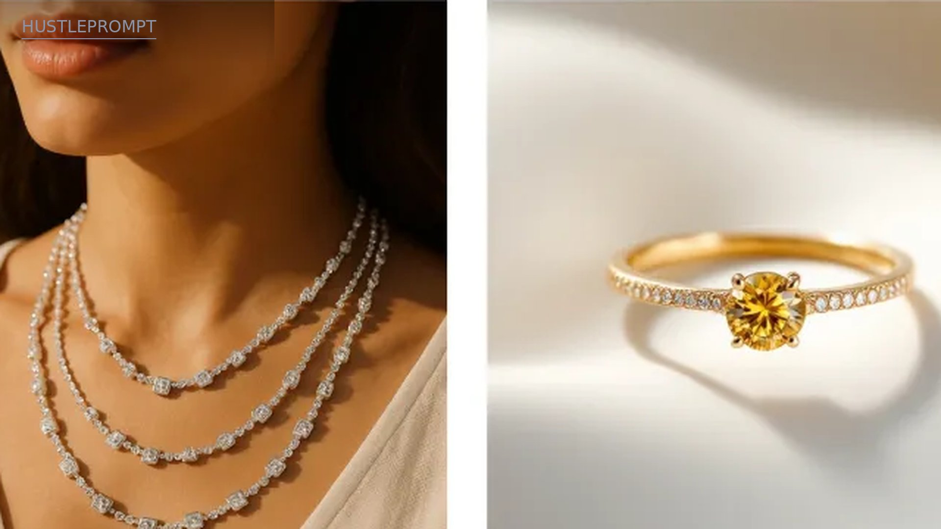 Photoroom AI examples: layered jewelry on a model and a gold ring on silk with studio styling