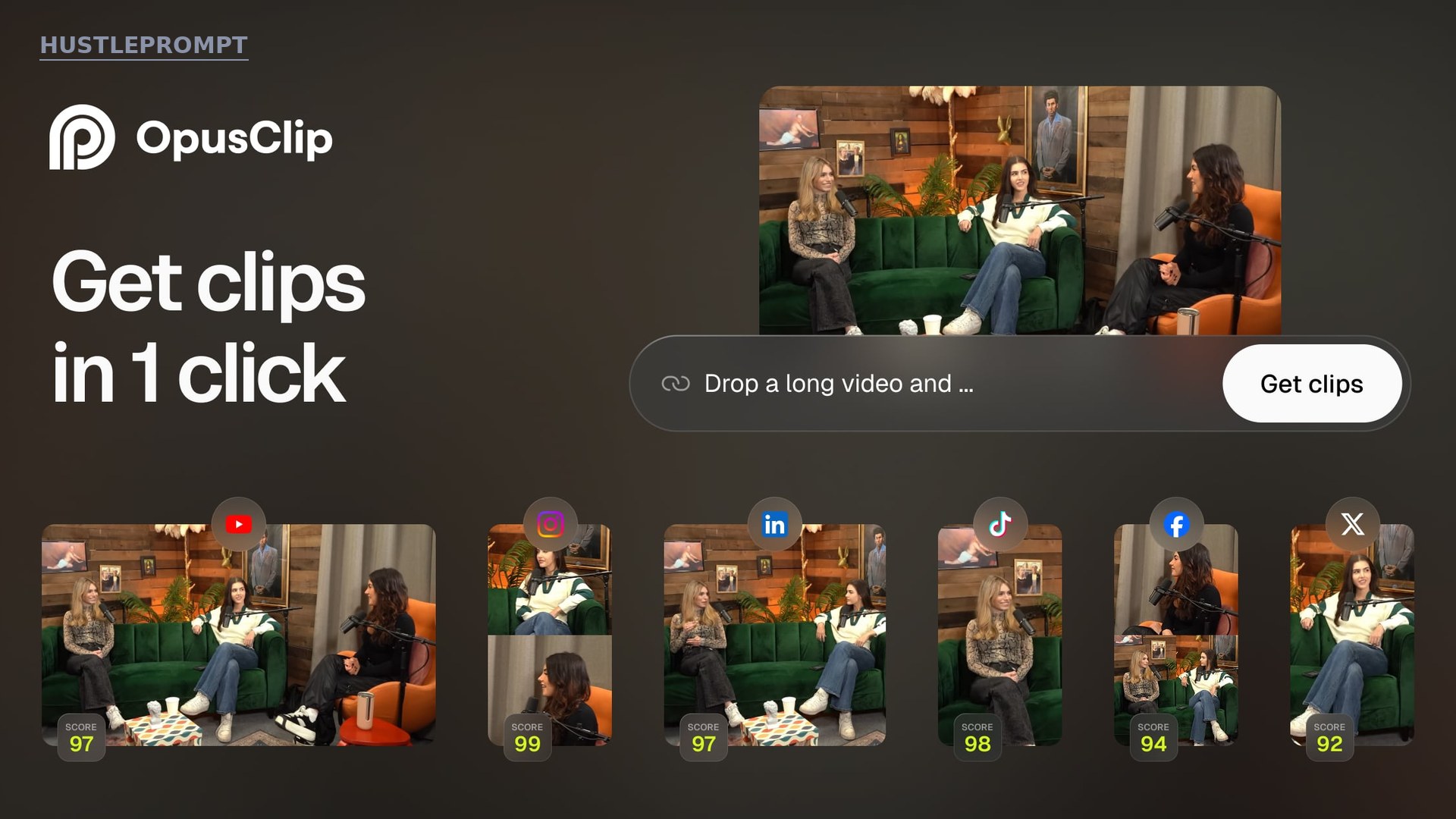 Opus Clip's official homepage showing AI-generated clips with virality scores across social platforms
