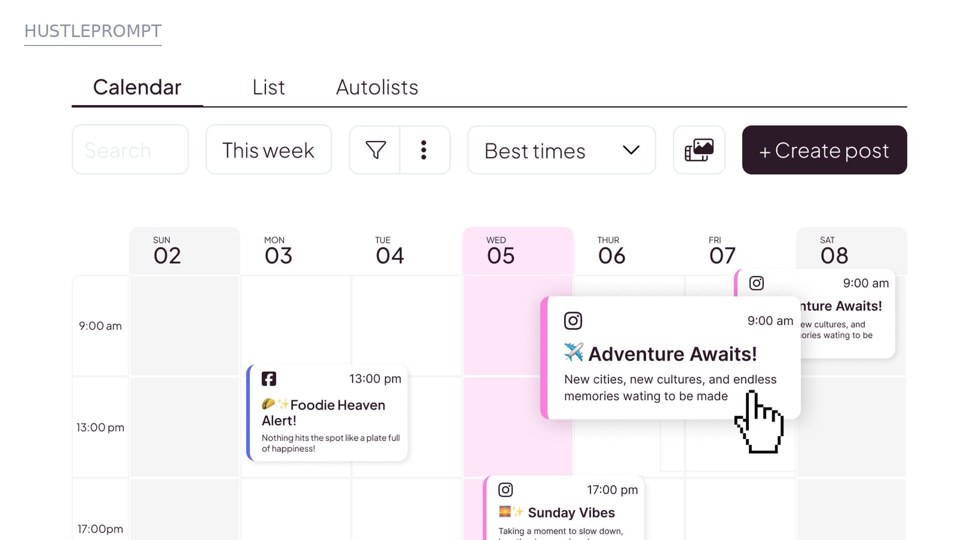 Metricool content planner calendar showing scheduled social media posts across the week