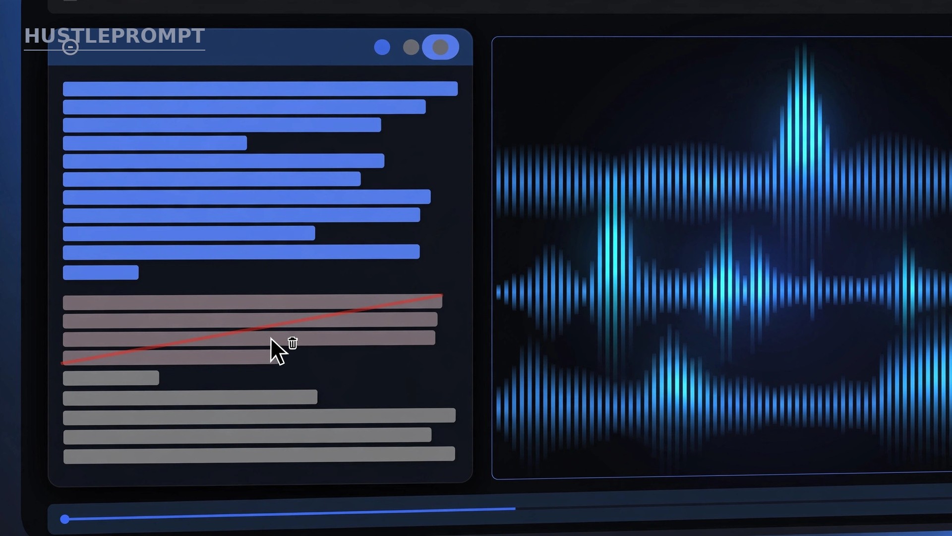 AI-generated illustration of a transcript-based video editing interface, with a text transcript beside a video timeline and deleted sentences marked