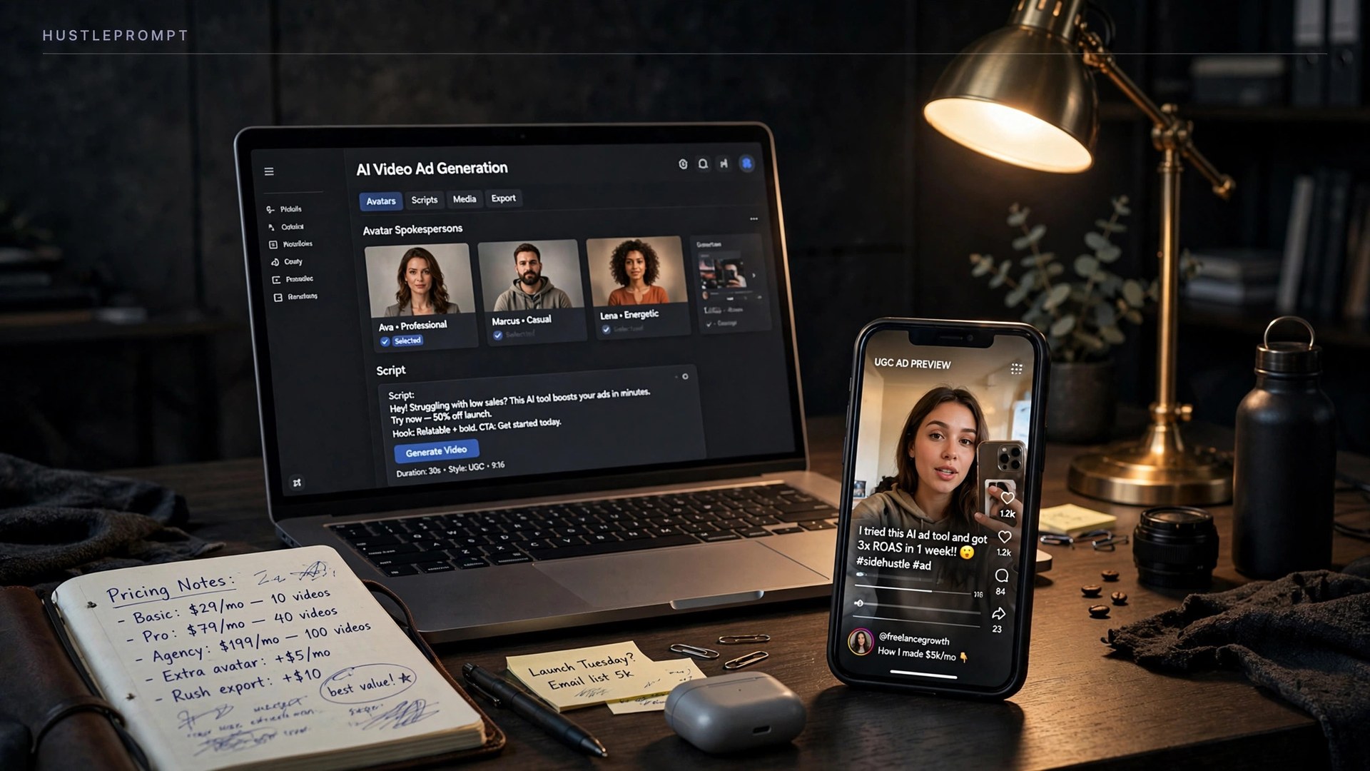 Freelancer desk with AI video ad generation dashboard on laptop