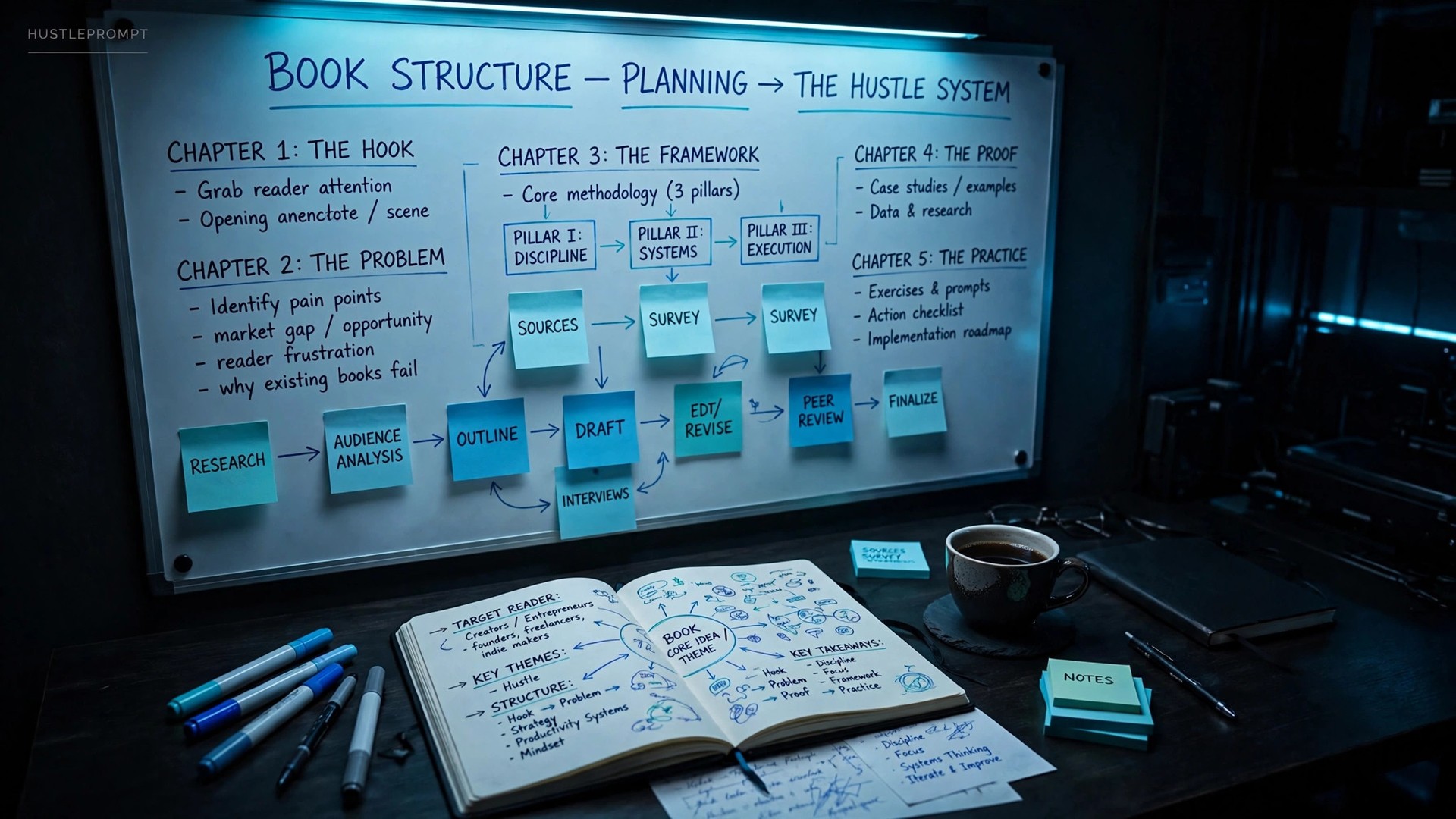 Book outline and structure planning board for writing an AI book on Amazon KDP