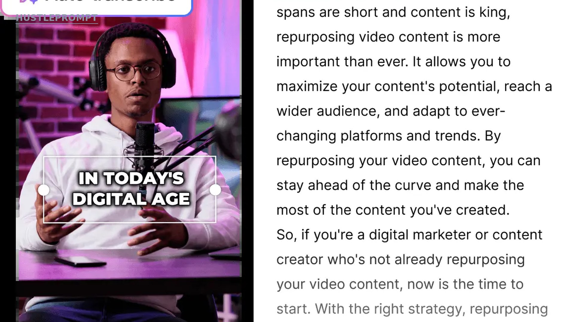Vizard's official auto-transcribe interface showing text-based video editing with highlighted transcript beside captioned video