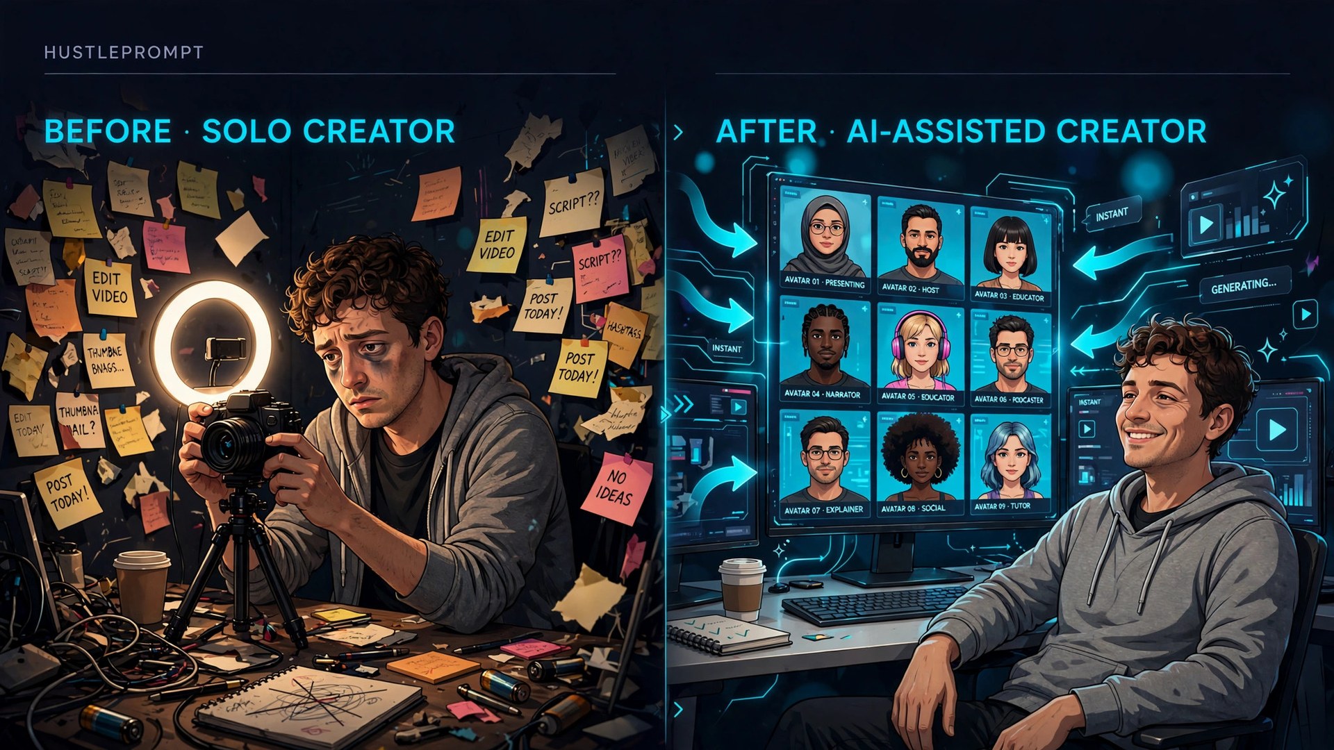 Comparison of traditional filming vs AI avatar ad production