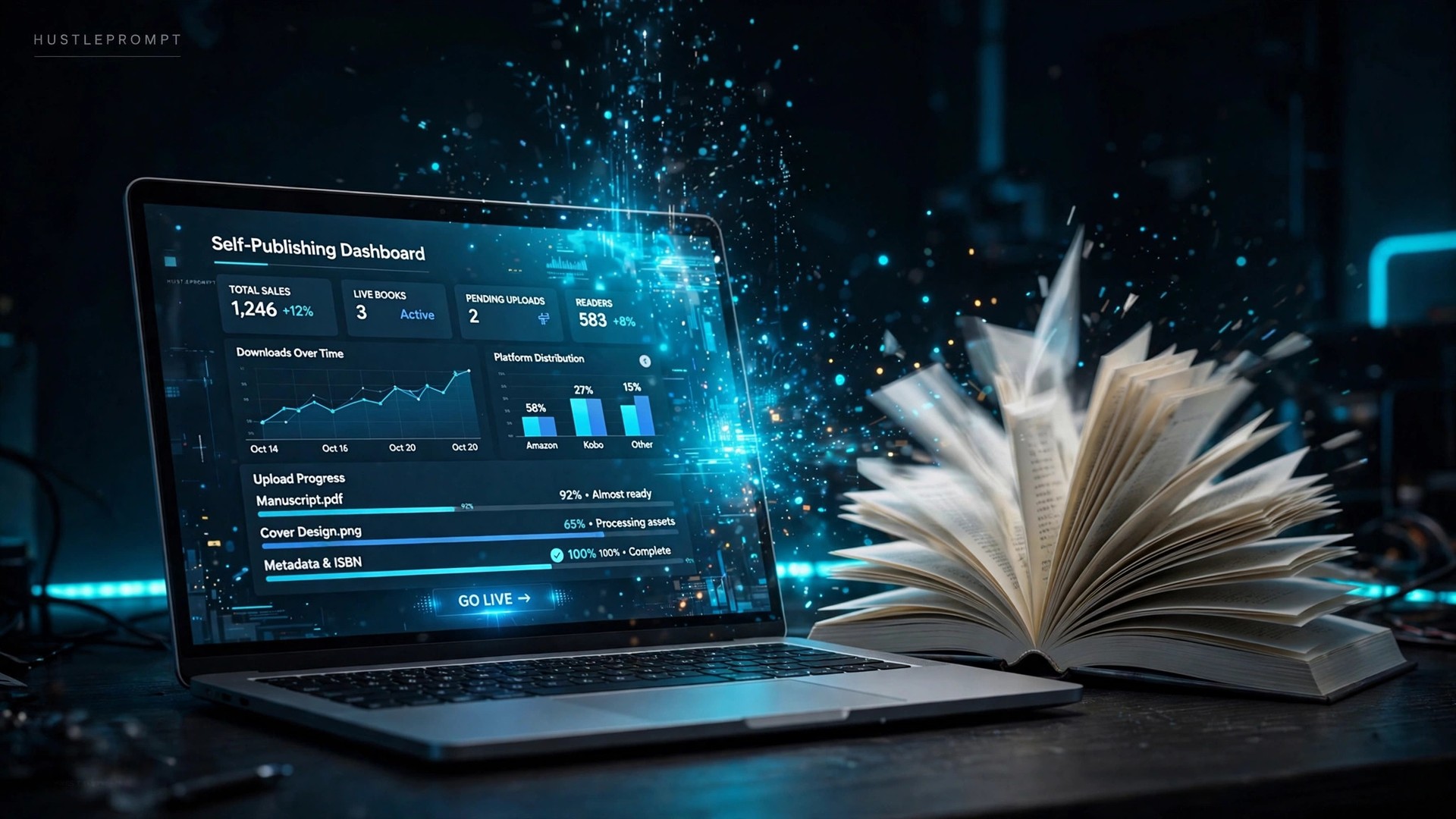 Concept of a book going live on a self-publishing dashboard, KDP-style