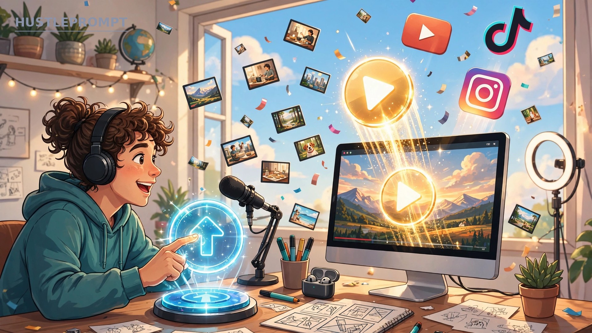 AI-generated illustration of a creator exporting a finished video, with export presets for YouTube, TikTok, and Instagram on a screen