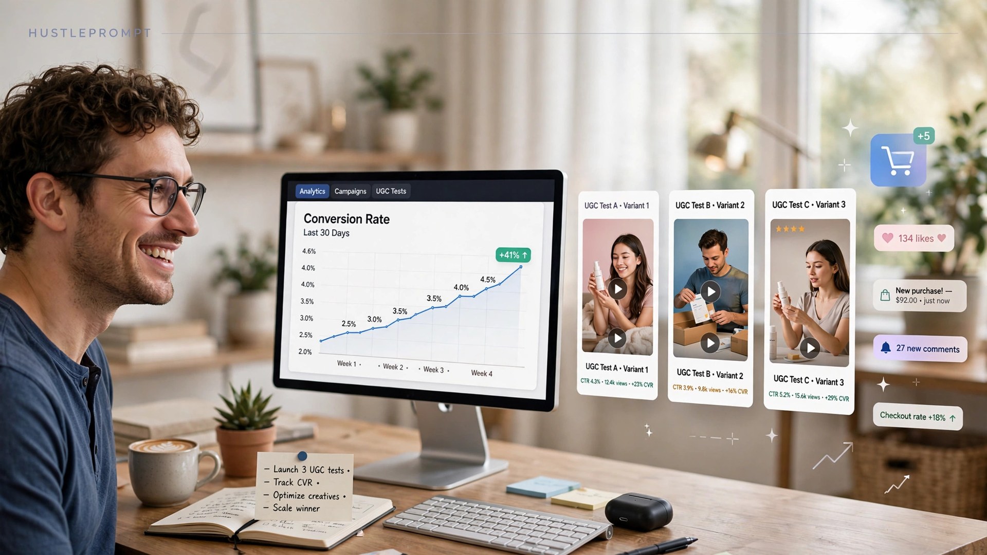 E-commerce founder reviewing UGC ad performance metrics