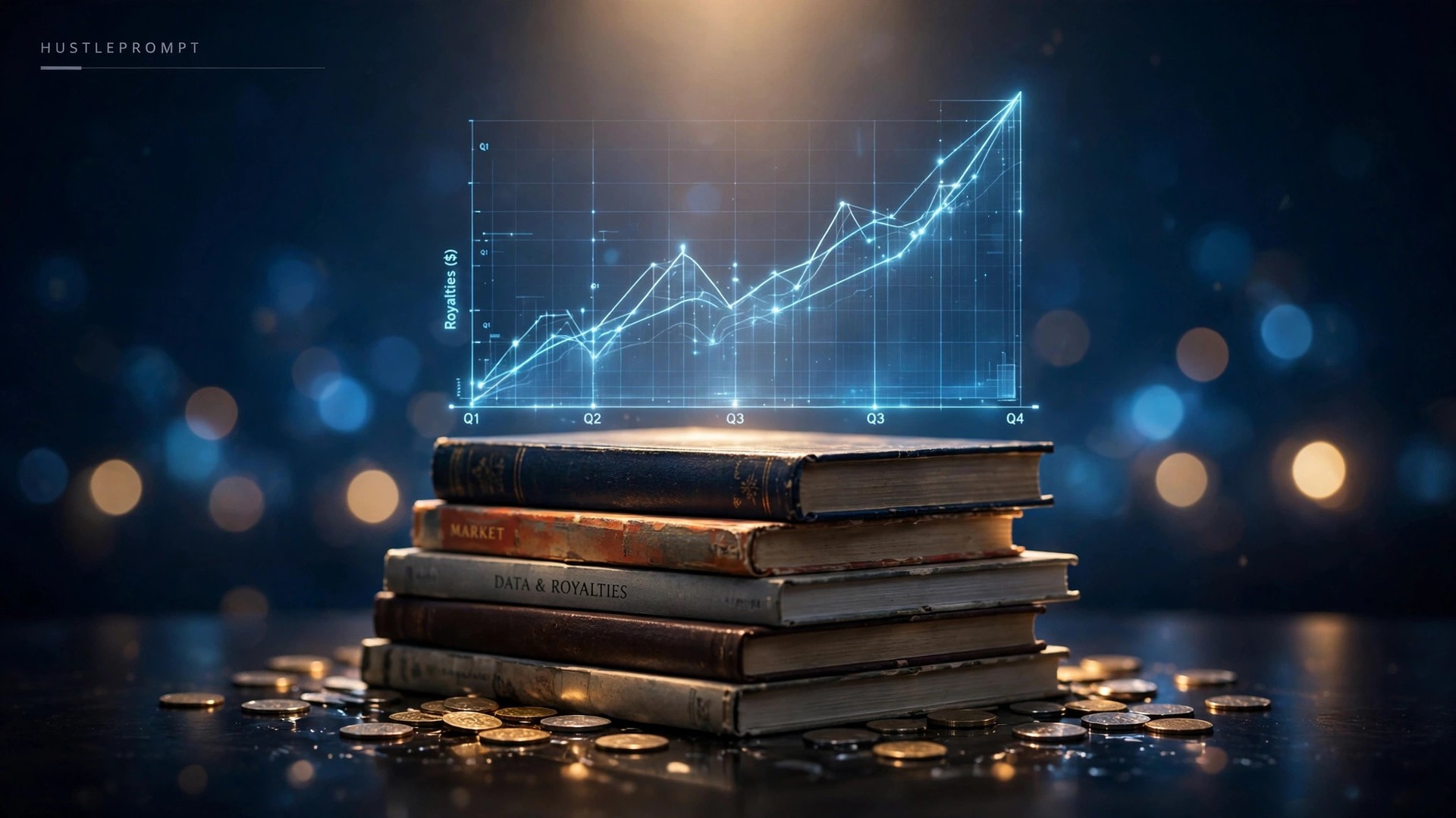 Stack of books with a rising royalty growth chart for KDP earnings