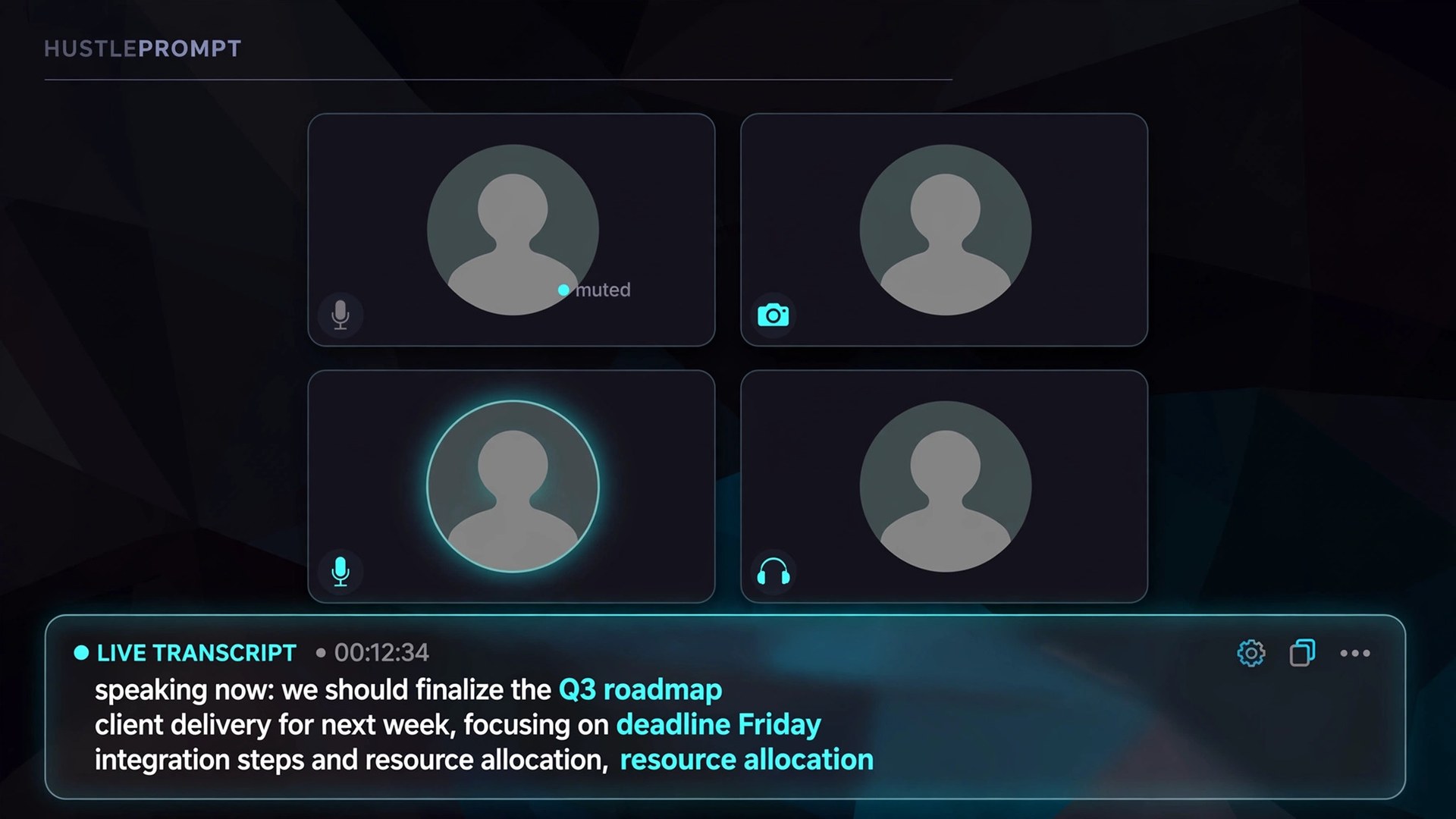 Video call grid with live AI transcription overlay concept
