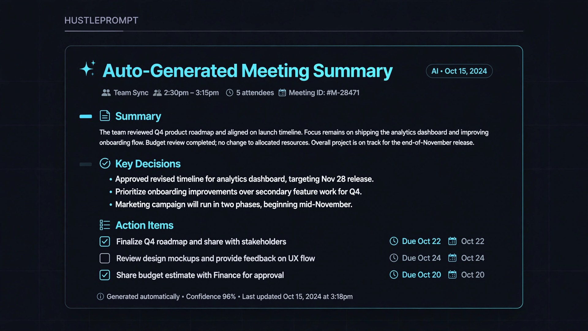 Auto-generated meeting summary with action items checklist